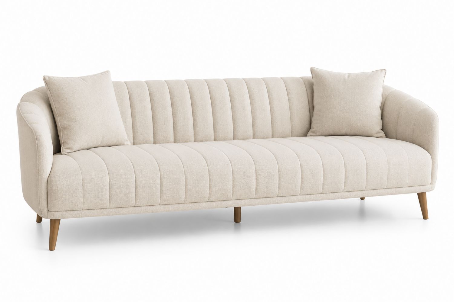 Sofa beżowa z tkaniny poliestrowej, drewniana rama, 220 cm