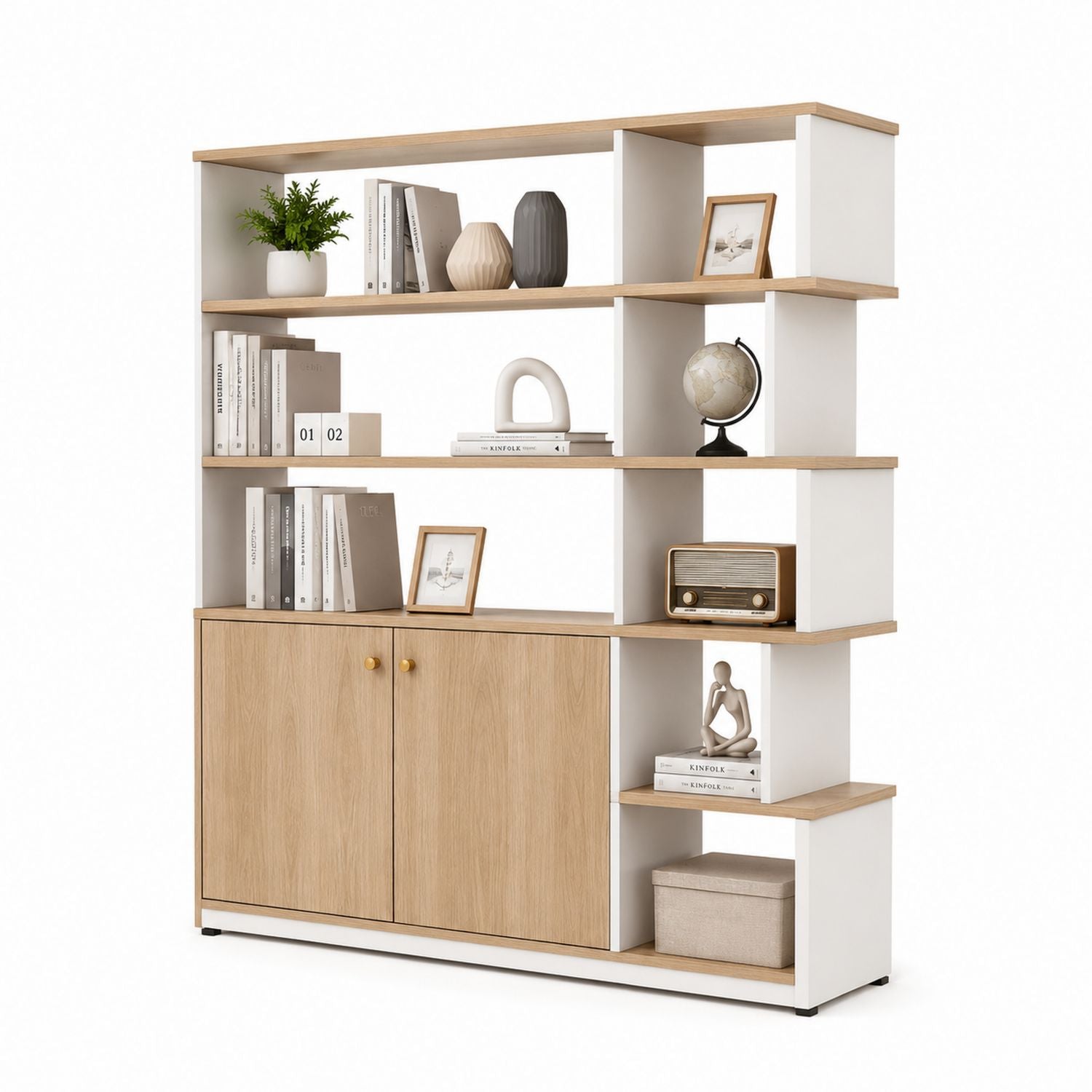 Regał biurowy z sześcioma półkami i szafką biały dąb