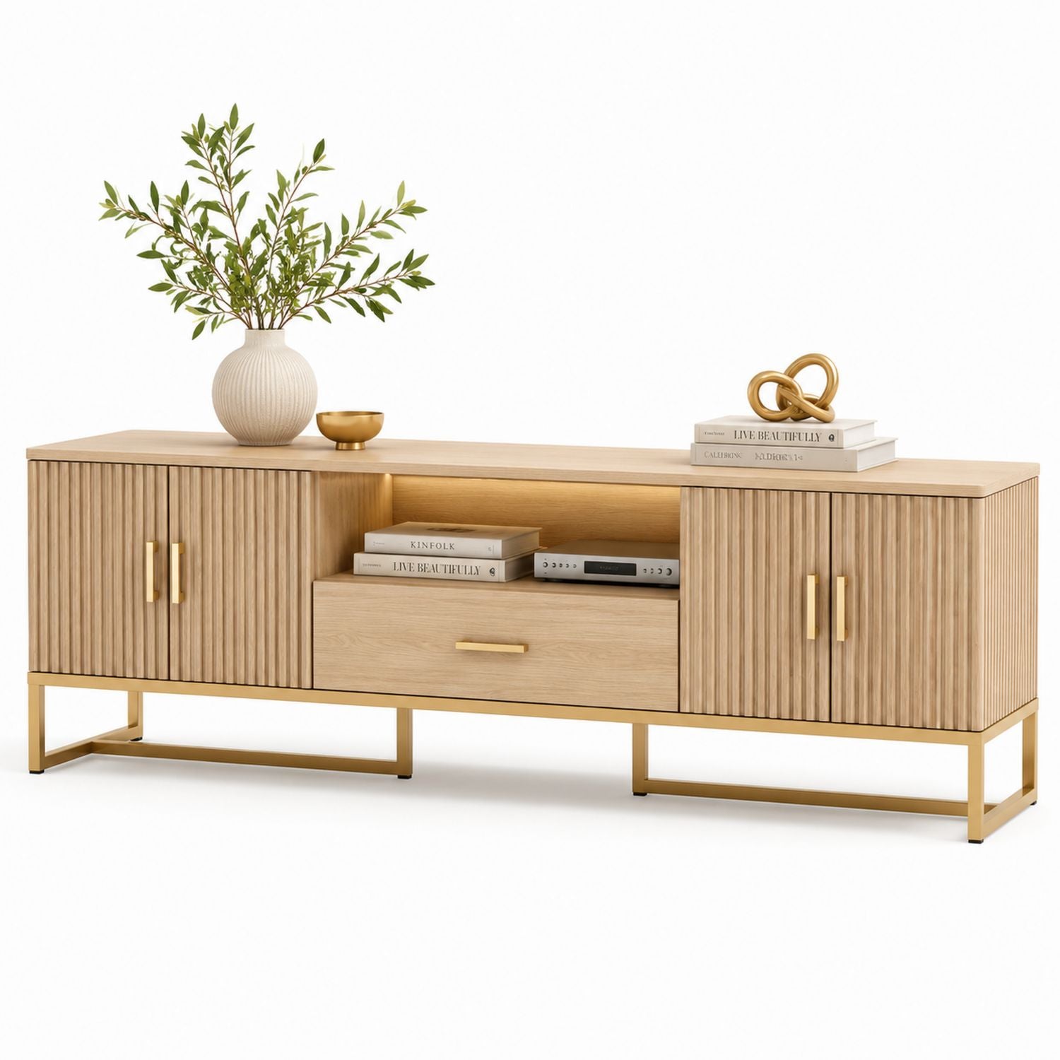 Szafka RTV z drewna i metalu 180x60x40 cm Beżowy/Złoty