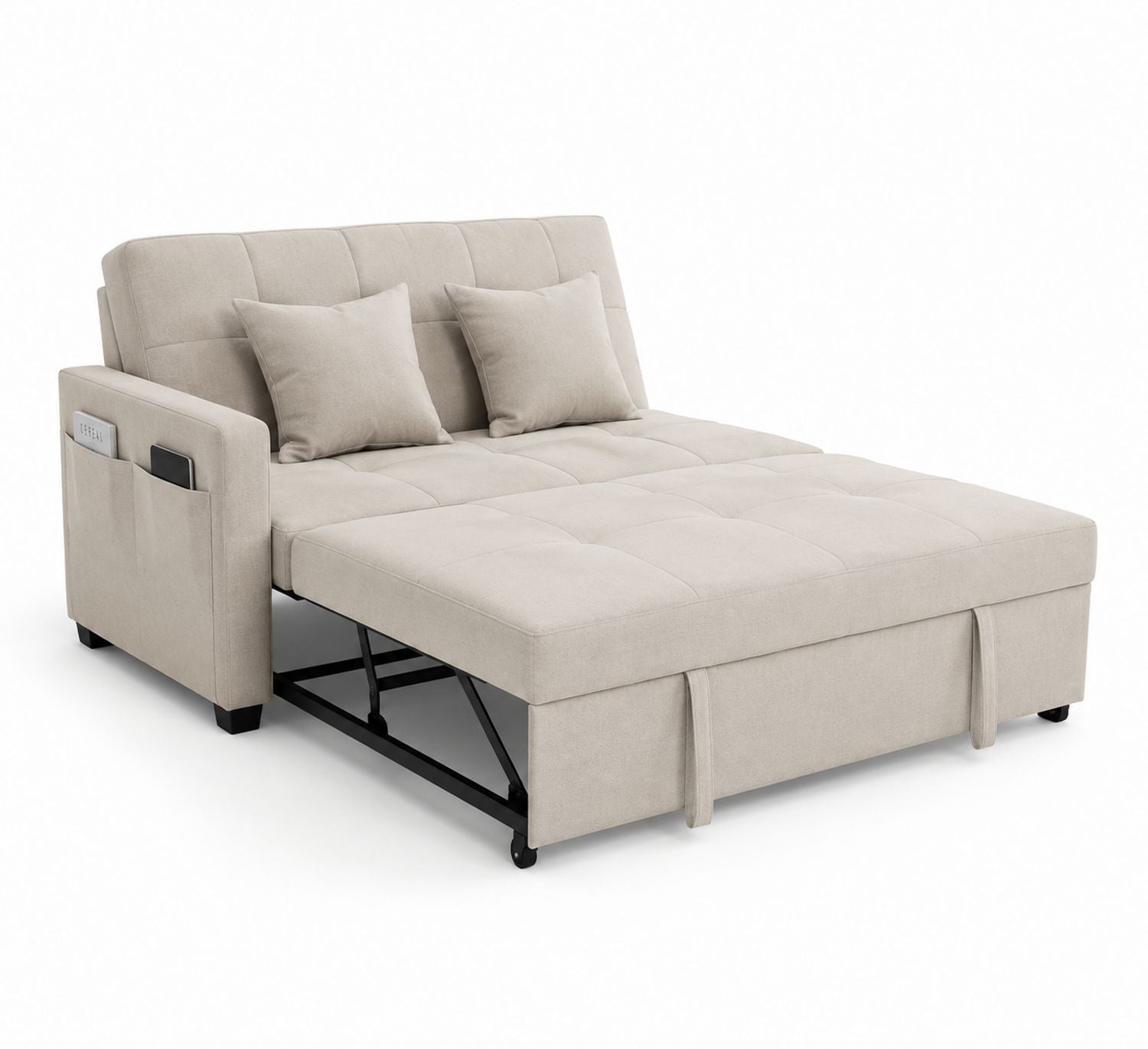 Sofa rozkładana tkanina beżowa z poduszkami