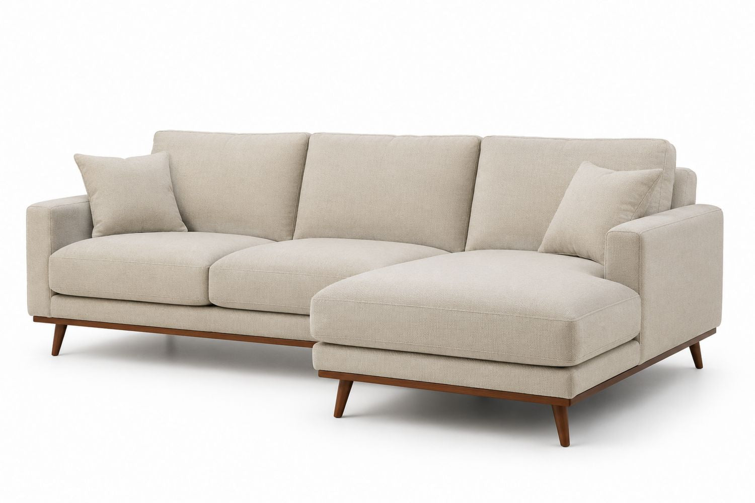 Sofa narożna 4-osobowa z tkaniny beżowa z drewnianymi nogami