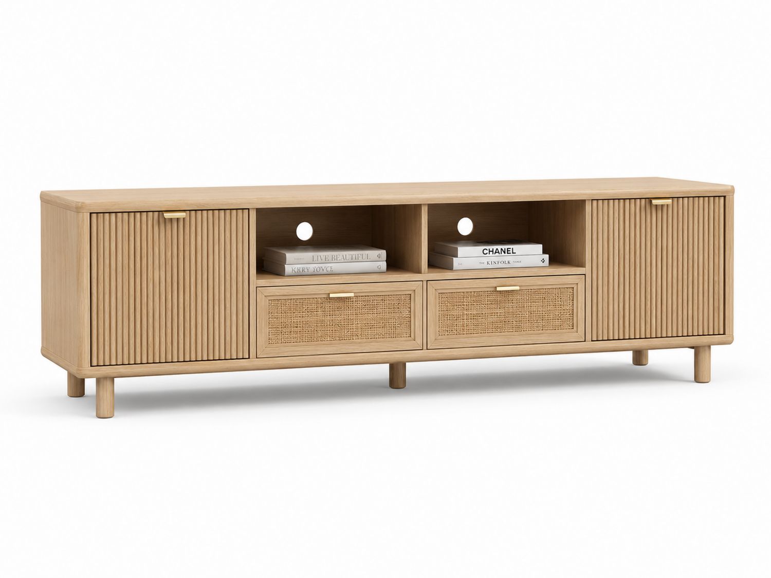Dębowa szafka RTV z rattanowymi frontami 180x40x48 cm