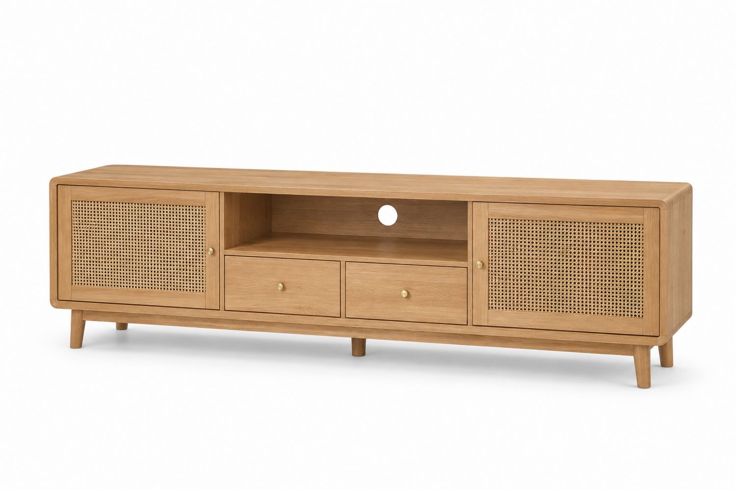 Szafka RTV dębowa z rattanowymi drzwiami i szufladami, 160 cm