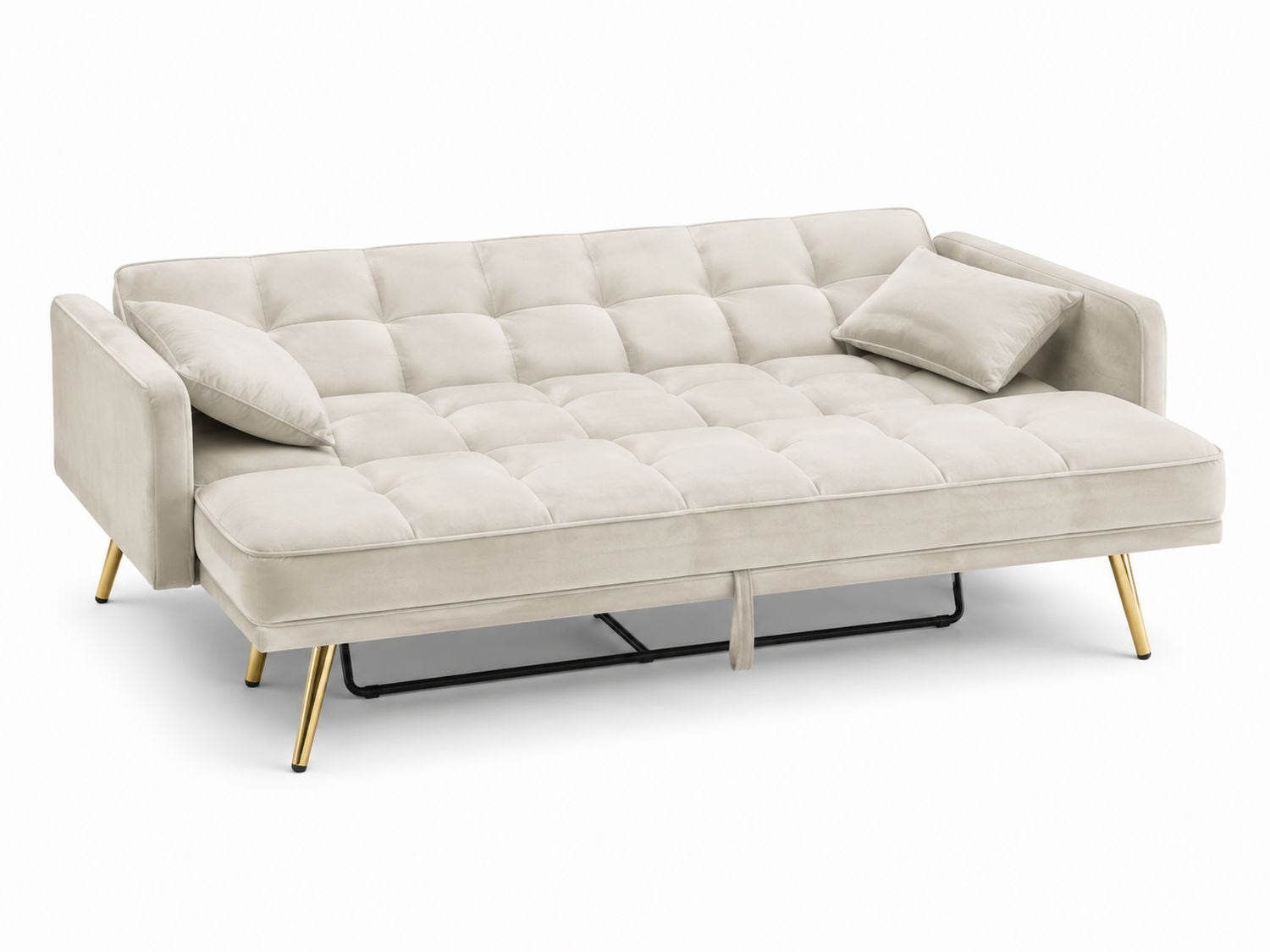 Sofa rozkładana welurowa beżowa z metalowymi nogami