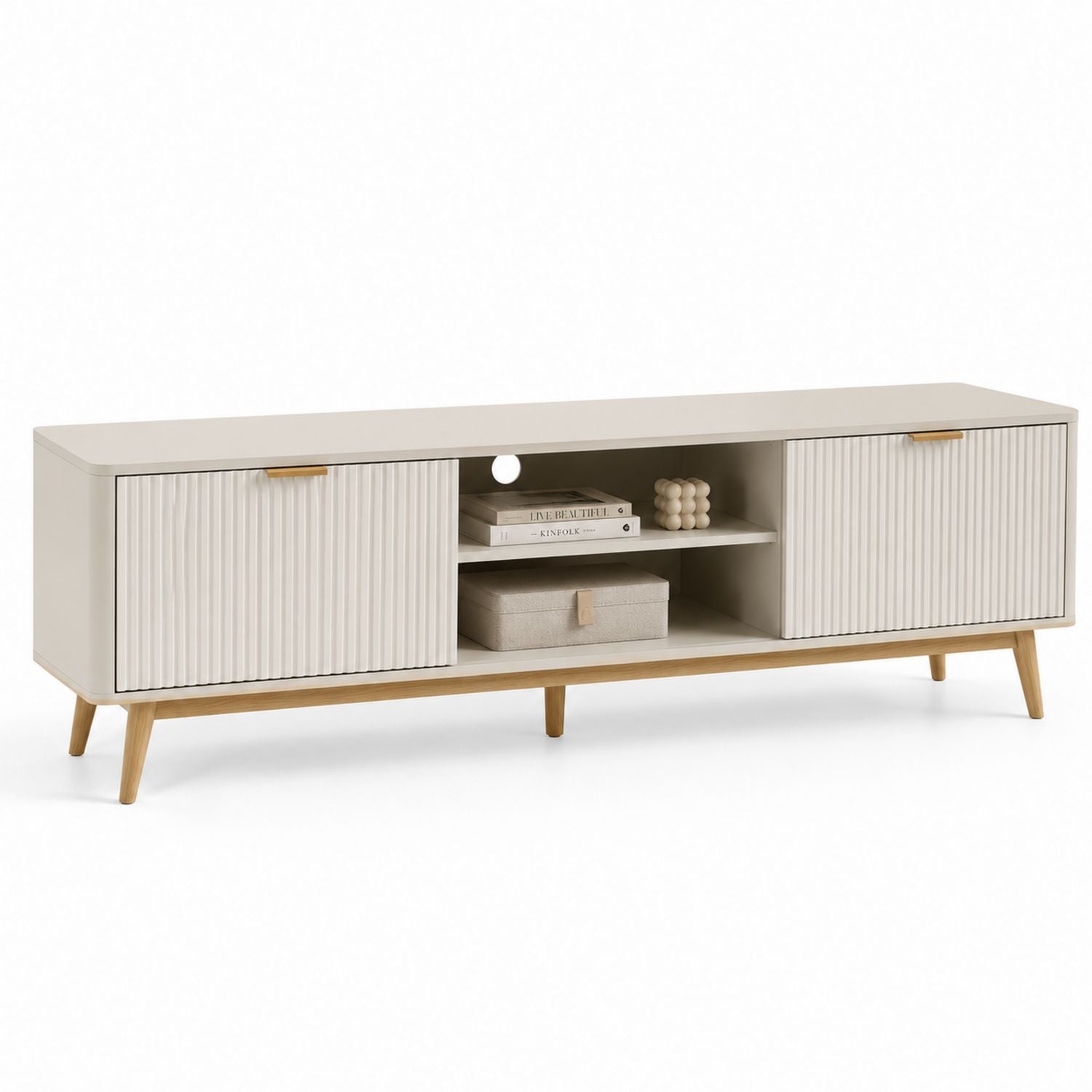 Szafka RTV MDF i drewno dębowe 180x40x50 cm Beżowa