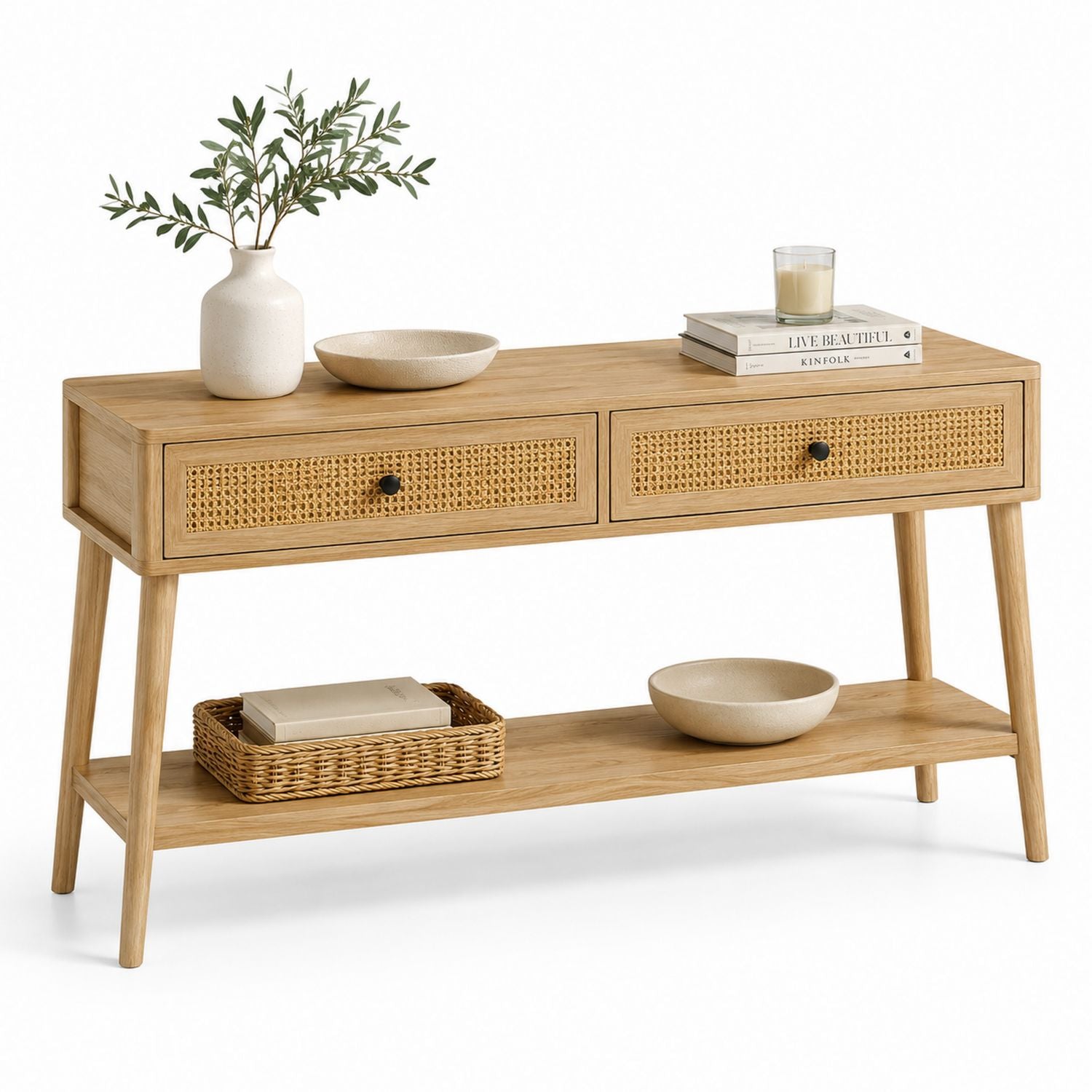 Konsola z drewna dębowego z rattanowymi frontami 120x35x80 cm